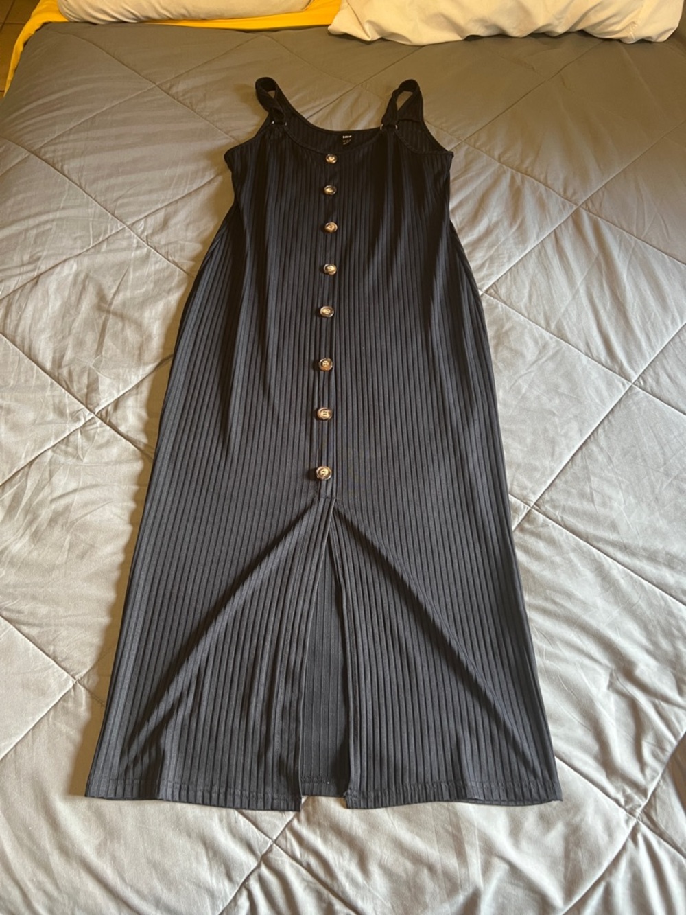 SHEIN Black Ribbed Button-Front Midi Dress